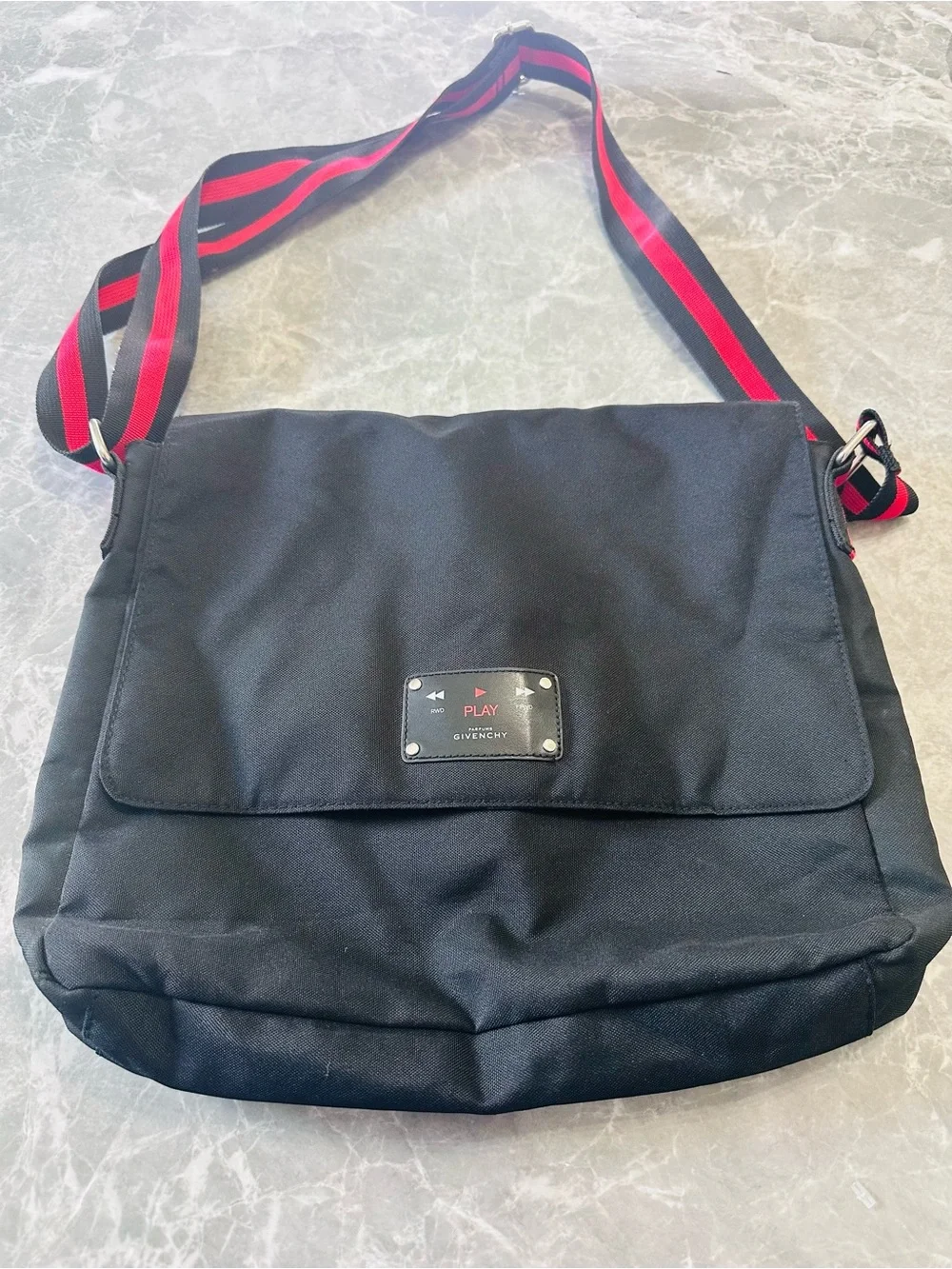 Givenchy Black Messenger Bag with Red-Striped Strap